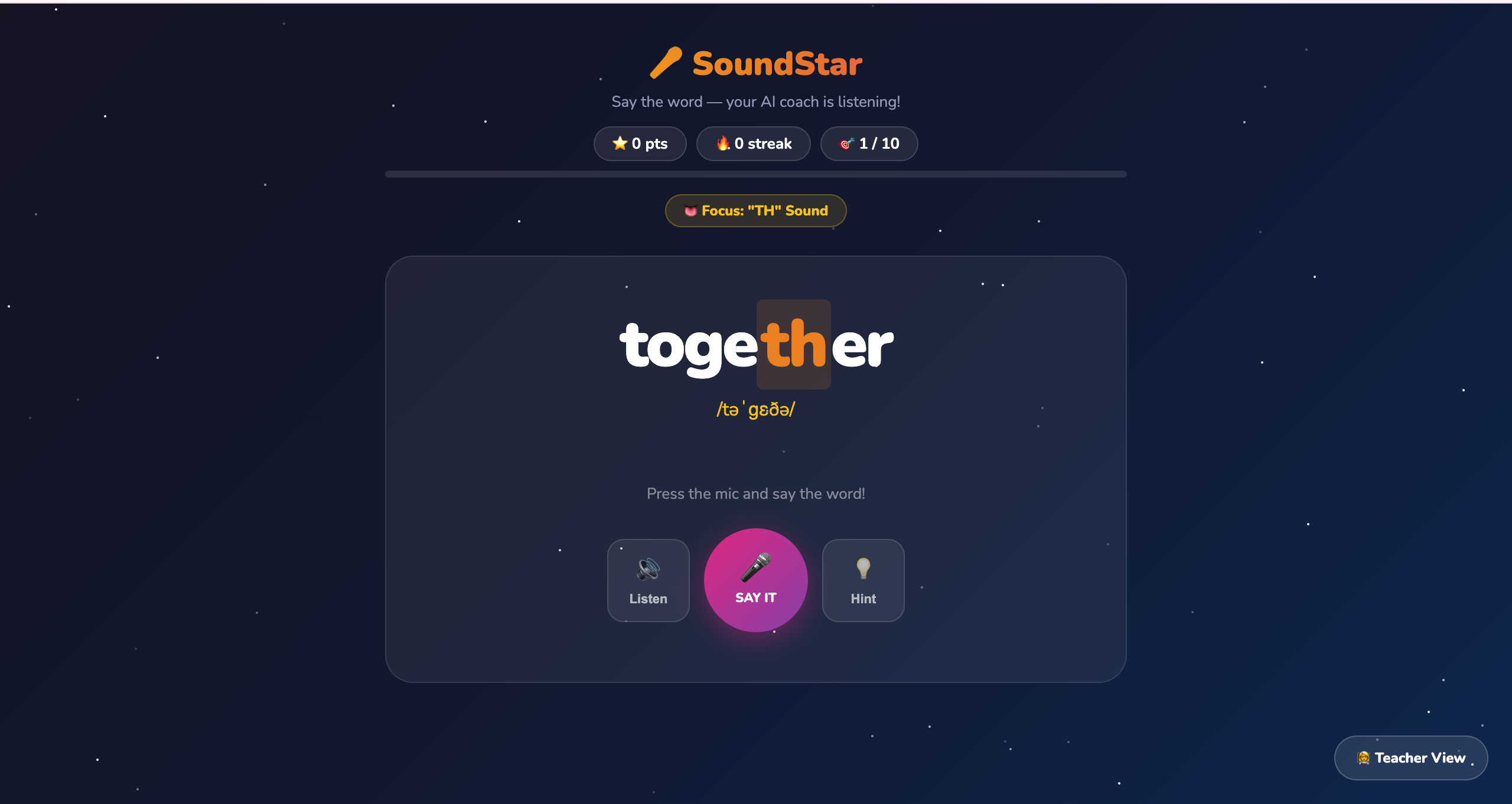 SoundStar app showing the word 'together' with the TH sound highlighted, a microphone button, and a streak counter